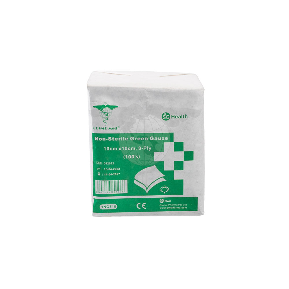 Green Gauze Swab (CM), 10x10cm, 8ply, 100pc/pk, 50pk/ctn.