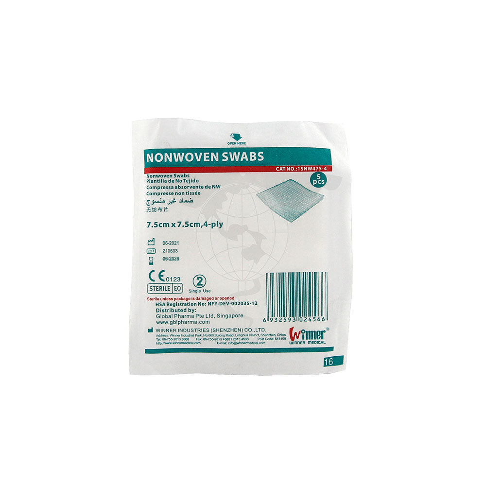 Non-Woven Gauze, 7.5x7.5cm, 4ply, Sterile, 5pc/pk, 30pk/bag, 40bag/ctn.