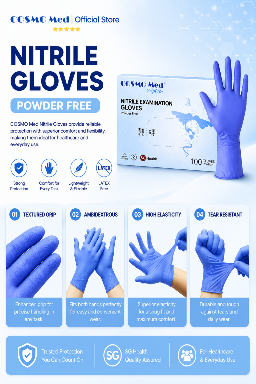Cosmo Med Nitrile Examination Glove Powder Free -100pcs
