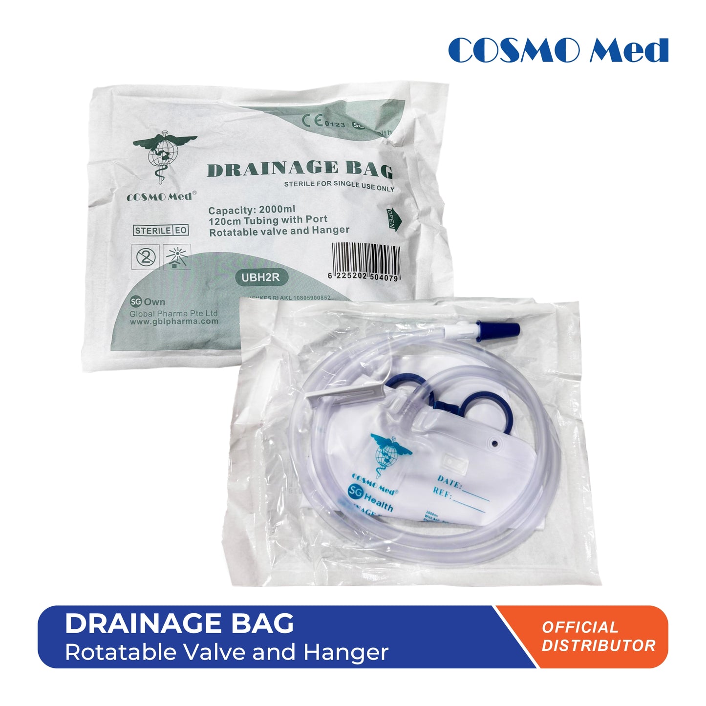Cosmo Med Sterile Urine Bag Rotatable Valve + Hanger- IMPROVED