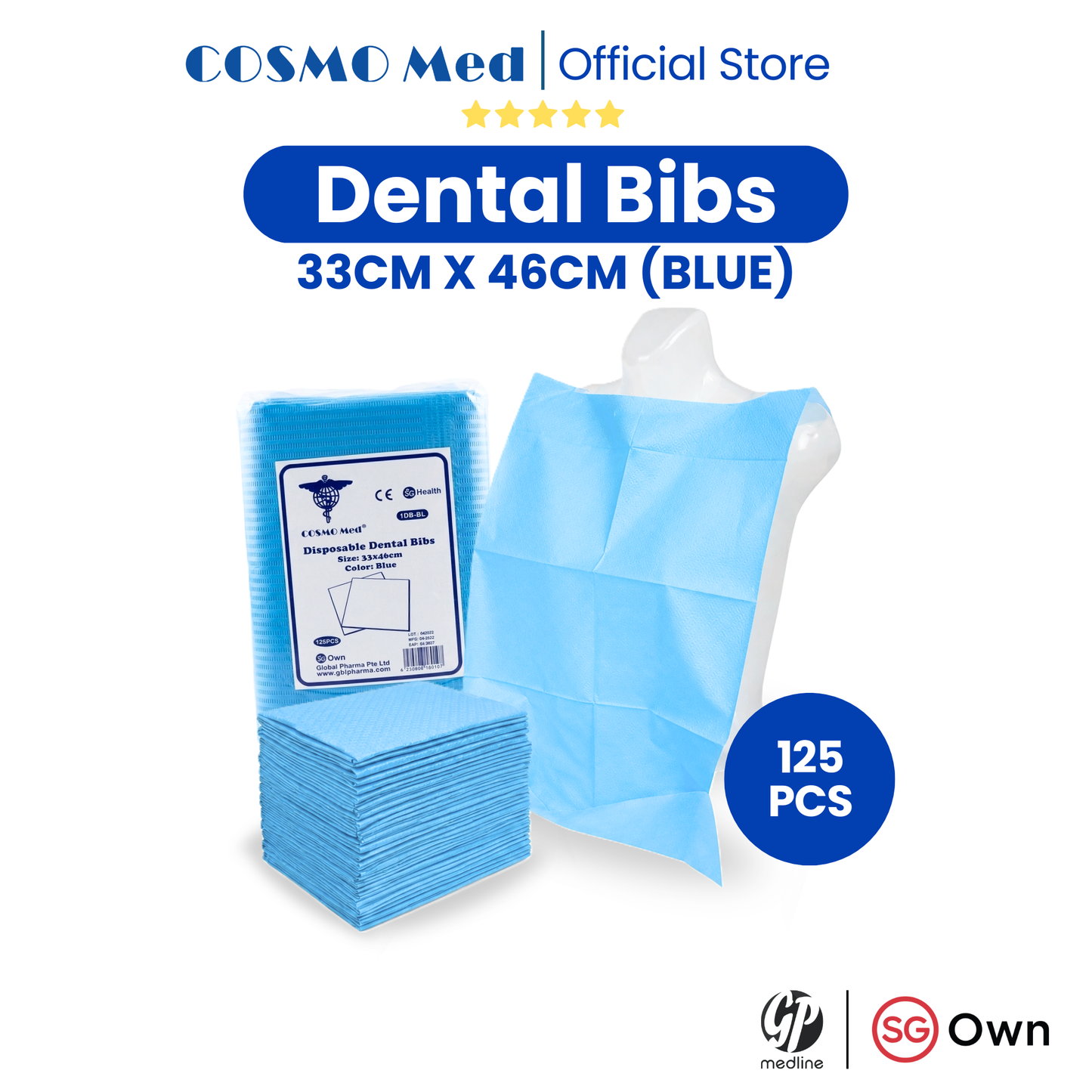 Cosmo Med Disposable Dental Bibs (Size: 33cm X 46cm) Color: Blue