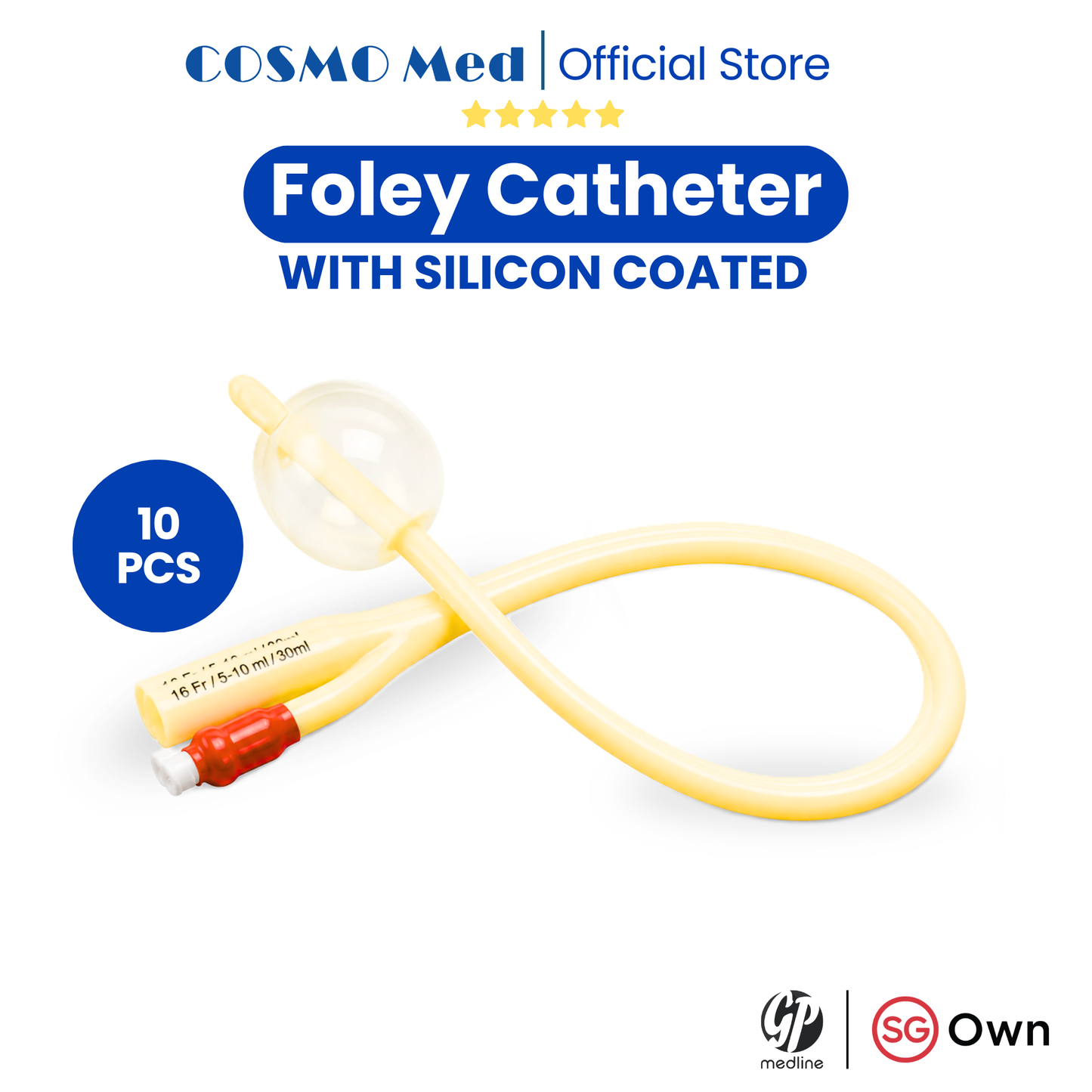 Cosmo Med Foley Catheter Latex w/Silicon Coated - Sterile (10pcs/Box)