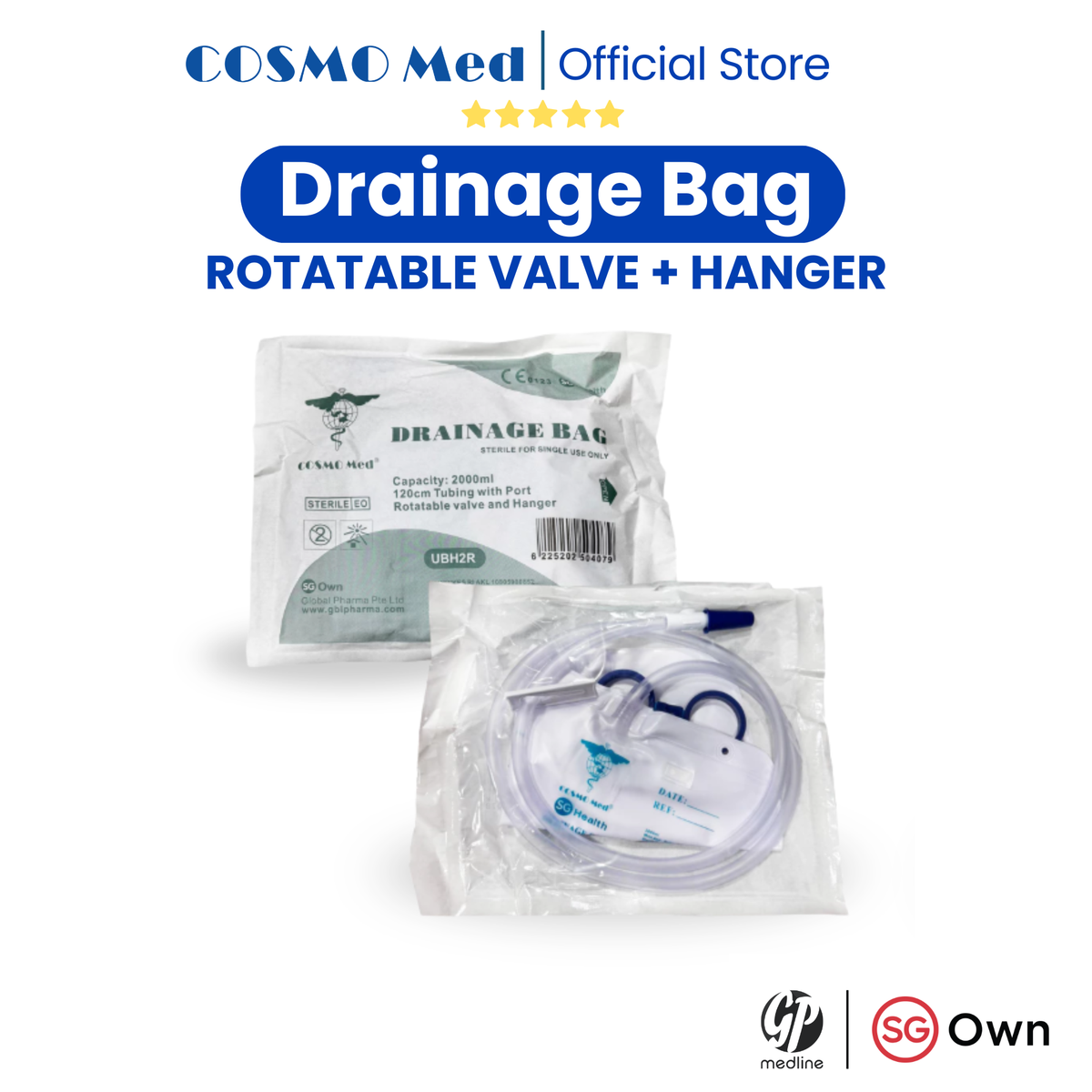 Cosmo Med Drainage / Urine Bag Rotatable Valve With Hanger 2L (10pcs)- [IMPROVED]